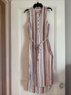 Splendid Pink, Cream and Black Striped High-Low Midi Dress Linen summer small